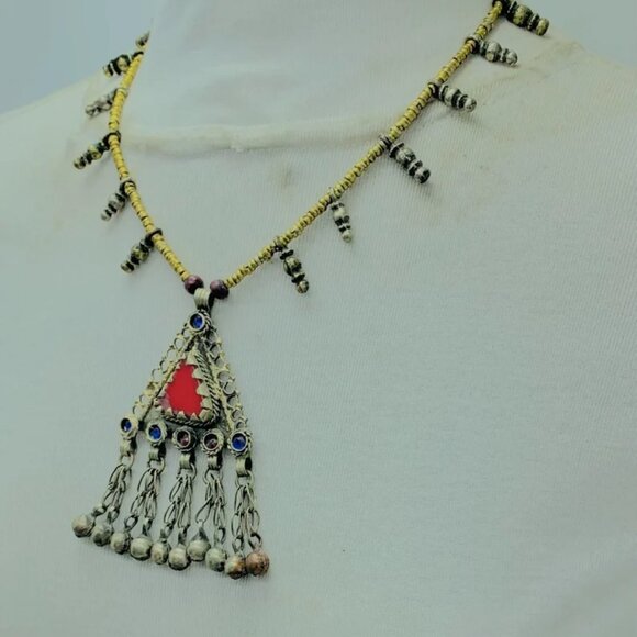 Vintage Triangular Amulet Style Pendant Necklace, Beaded Chain Necklace - Picture 9 of 13